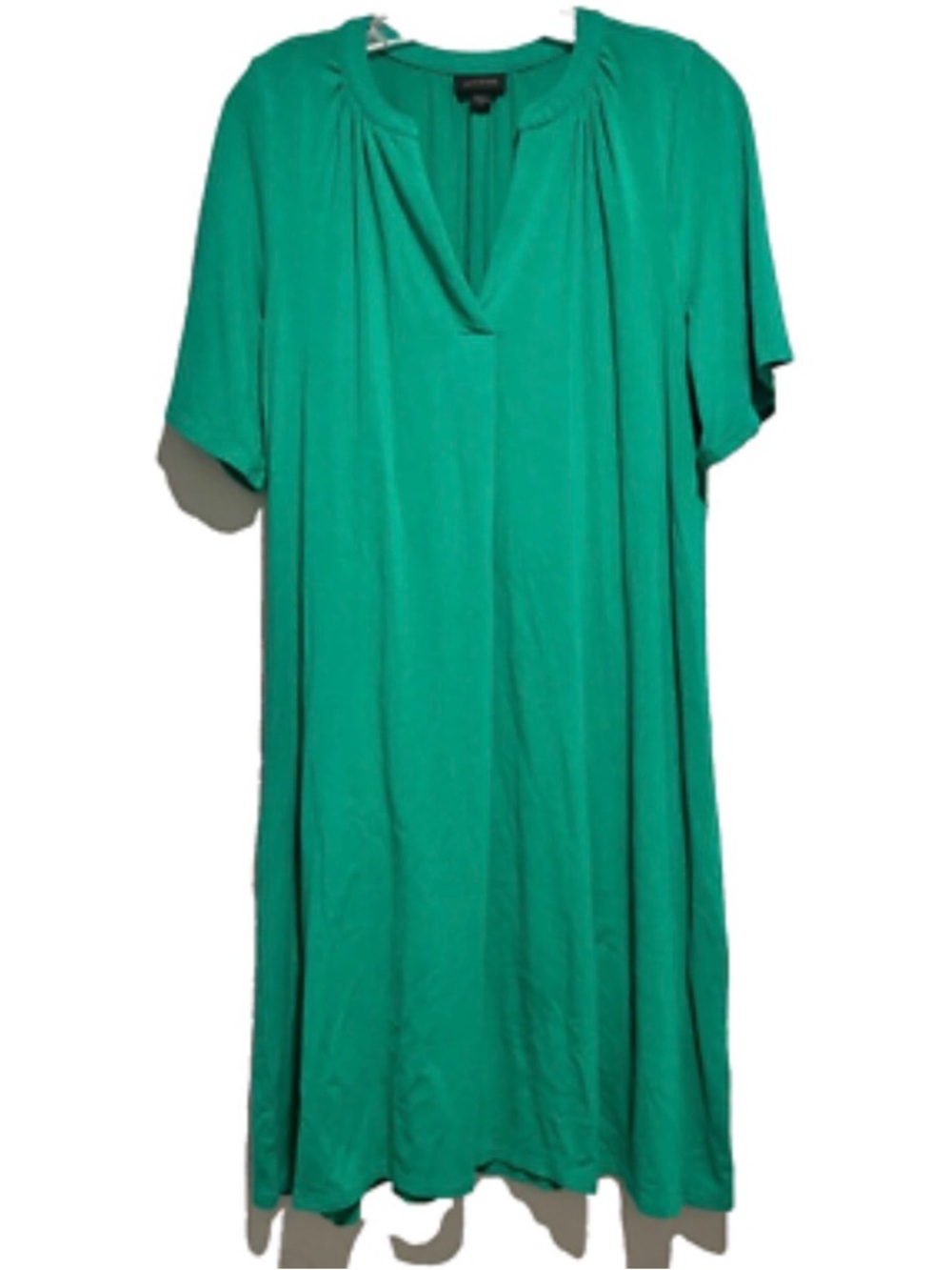 J Jill Wearever Collection Pleated Shift Dress Green M Split V Neck Short Sleeve